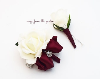 Burgundy and White with Rhinestones Real Touch Rose Wedding Boutonniere Wedding Corsage Mother of the Bride Father Flowers Prom Corsage