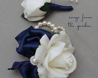 White Navy Real Touch Rose Wedding Boutonniere & Corsage with Rhinestone Pearl Accents - Mother of the Bride Prom Homecoming Corsage