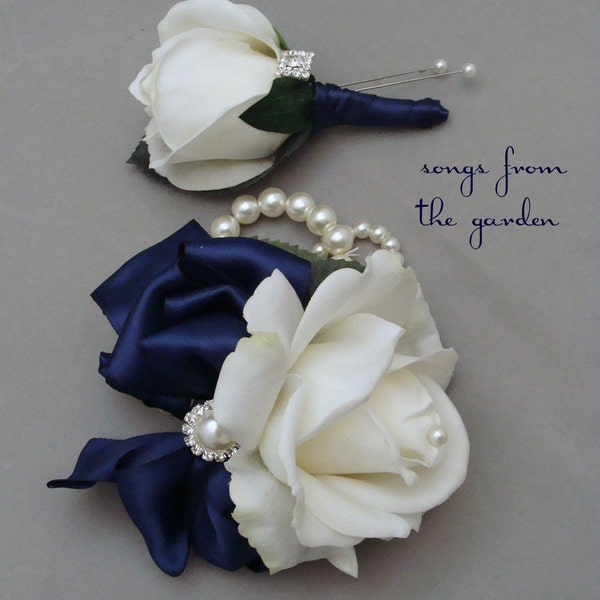 White Navy Real Touch Rose Wedding Boutonniere & Corsage with Rhinestone Pearl Accents - Mother of the Bride Prom Homecoming Corsage