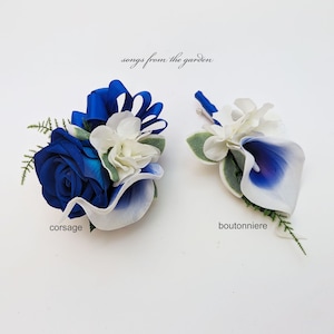 Royal Blue Wrist Corsage or Boutonniere - Royal Blue Rose and Calla Lily Corsage Choose Your Ribbon Color - Wedding Homecoming Prom Corsage