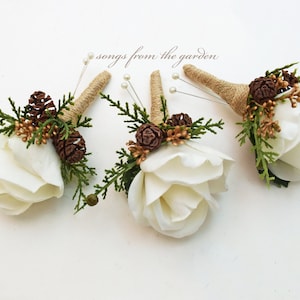 Winter Boutonnieres - White Real Touch Rose Pine Juniper Gold Berries Cone Accent  - Wedding Groom Groomsmen Prom Homecoming Boutonniere