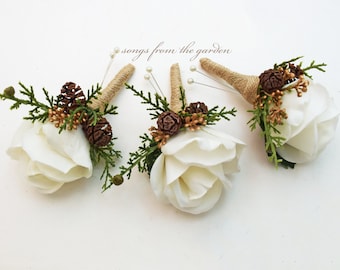 Winter Boutonnieres - White Real Touch Rose Pine Juniper Gold Berries Cone Accent  - Wedding Groom Groomsmen Prom Homecoming Boutonniere