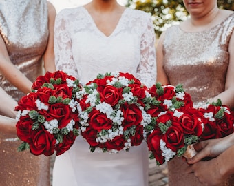 Bridal or Bridesmaid Bouquets - Add Boutonniere Real Touch Red Roses Bridesmaids Bouquets Hops Baby's Breath Accents - Add Corsage and More!