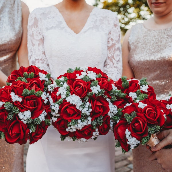 Real Touch Red Rose Wedding Bouquet – Bridesmaid Bouquet, Hops & Baby's Breath