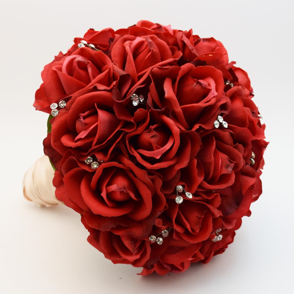 Bridal Wedding Bouquet made with Red Silk Roses and Diamante Bridesmaids 