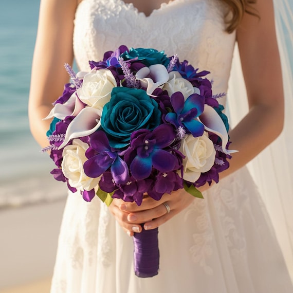 Teal Rose & Galaxy Orchid Wedding Prom Bridal Bouquet - Add Corsage Boutonniere Flower Crown More