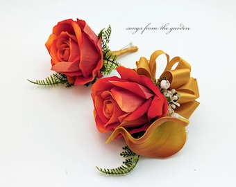 Orange Rose Corsage and Boutonniere Set - Faux Wedding Prom Flowers
