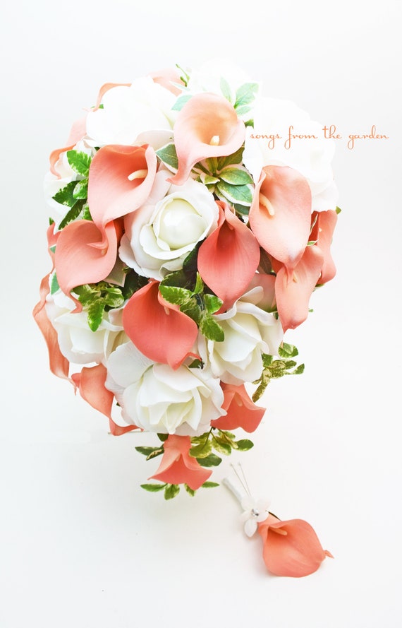 Cascade Bridal Bouquet Tiger Lilies Coral Roses Aqua Coral Callas Real Touch Wedding Flowers Add Groom Boutonniere Corsage Bridesmaid More Accessories Weddings Bent Hospital Ir