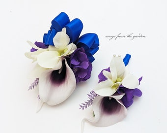 White Orchid Real Touch Purple Picasso Calla Lily Boutonniere Or Corsage - Tropical Wedding Flowers  - Beach Wedding Prom Homecoming Flowers