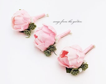 Pink Peony Boutonnieres - Succulents and Baby's Breath Accents -  Groom Groomsmen Boutonnieres Prom Homecoming Boutonniere