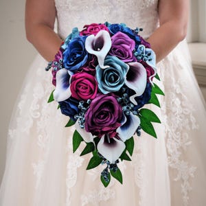 Cascade Bridal Bouquet Plum Dusty Blue Navy Fuchsia - Roses Picasso Callas Berries Greenery - Add Groom Boutonniere Corsage Bridesmaid More