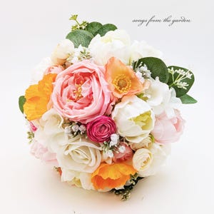 Faux Flower Wedding Bouquet Pink Orange Fuchsia White Roses Poppies Peonies - Add Boutonniere Flower Crown Corsage Cake Arch Flowers & More!