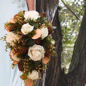 Winter Wedding Bridal Bouquet Evergreens Gold & White Bouquet Eucalyptus Pine Cones Real Touch Roses add a Groom's Boutonniere and More image 7