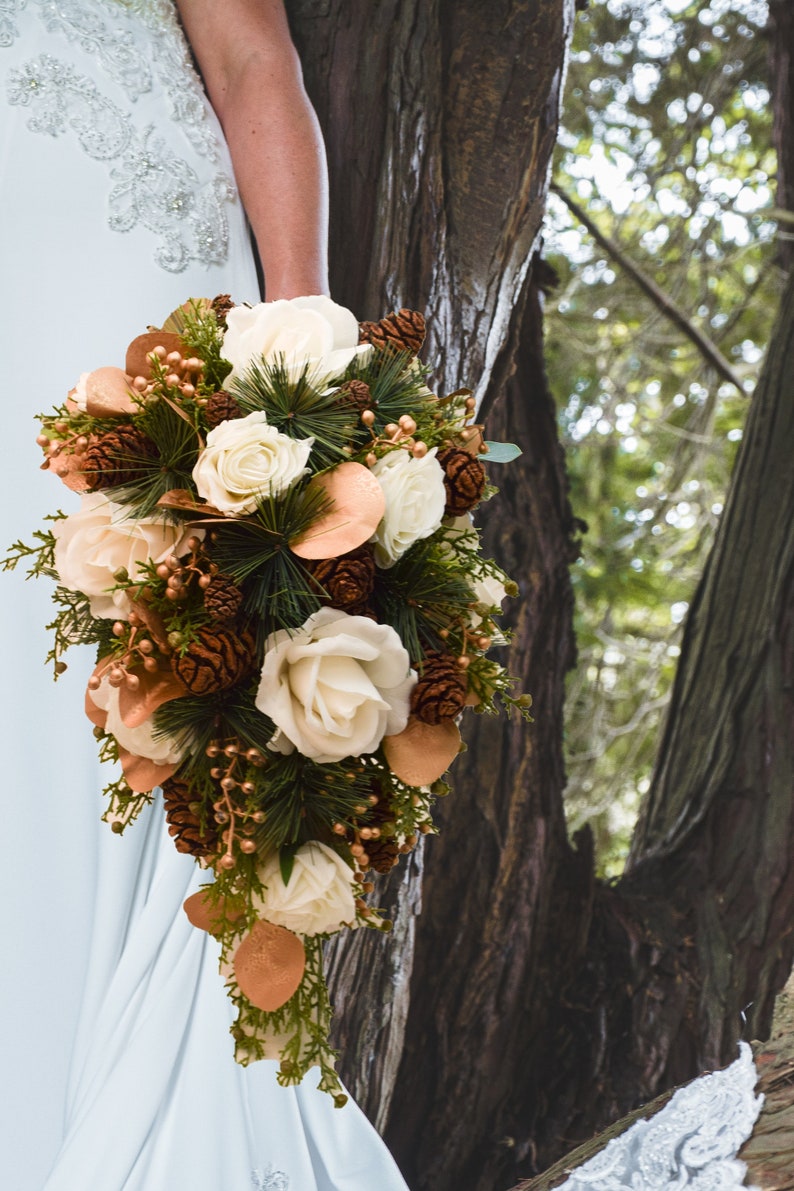 Winter Wedding Bridal Bouquet Evergreens Gold & White Bouquet Eucalyptus Pine Cones Real Touch Roses add a Groom's Boutonniere and More image 7