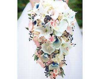 Navy Pink Blush White Cascade Bridal Bouquet Cherry Blossom Orchids Lily - add Bridesmaids Centerpieces Boutonnieres Corsages and More!