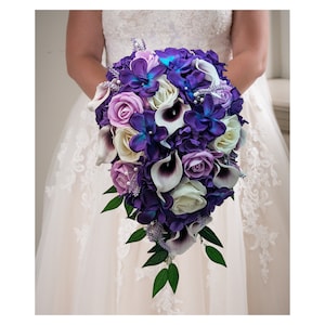 Galaxy Blue Orchid Callas Lavender Roses Cascade Bridal Bouquet - add a Groom&#39;s Groomsmen Boutonniere Bridesmaid Bouquet Flower Crown More!