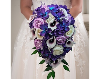 Galaxy Blue Orchid Callas Lavender Roses Cascade Bridal Bouquet - add a Groom's Groomsmen Boutonniere Bridesmaid Bouquet Flower Crown More!