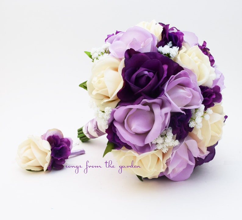 Bridal or Bridesmaid Wedding Bouquet Lavender and Ivory Roses /& Baby/'s Breath add Groom or Groomsman Boutonniere Real Touch Purple