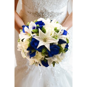 Real Touch Bridal or Bridesmaid Bouquet Tiger Lilies Royal Blue Roses Callas - add a Groom or Groomsman Boutonniere Mathicng Corsage & More!