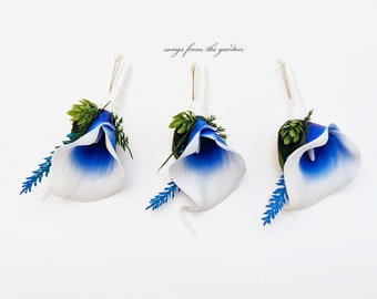 Real Touch Royal Blue Calla Hops Boutonniere Groom Groomsmen - Customize for Your Wedding Colors - Wedding Homecoming Prom Boutonniere