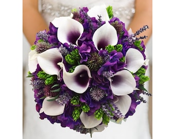 Bridal or Bridesmaid Bouquet Purple Callas Hops Hydrangea - Add Boutonniere Corsages More