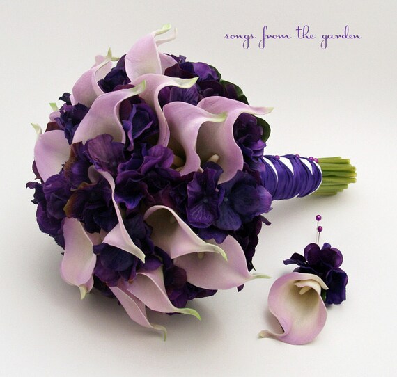 Purple Ivory Calla Lily Hydrangea Bridal Wedding Bouquet & Boutonniere 