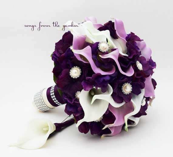 Purple lavender Rose bridal flowers for brides Wedding bouquet Bling calla lilies with feathers and silver Rhinestones bridesmaids