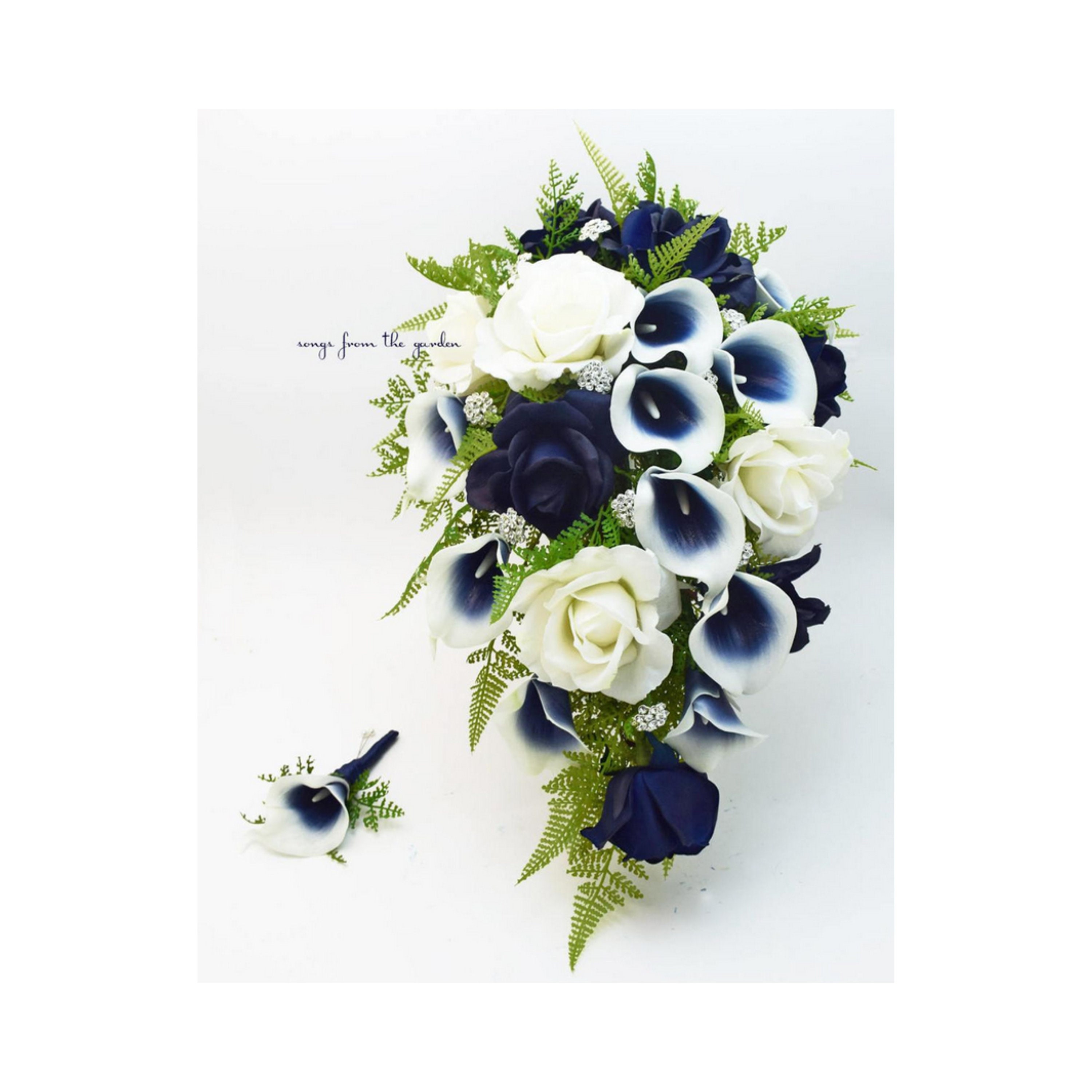 10 Grandes Bridal Bouquet Bleu Marine Blanc Avec Calla Lily Fleurs 