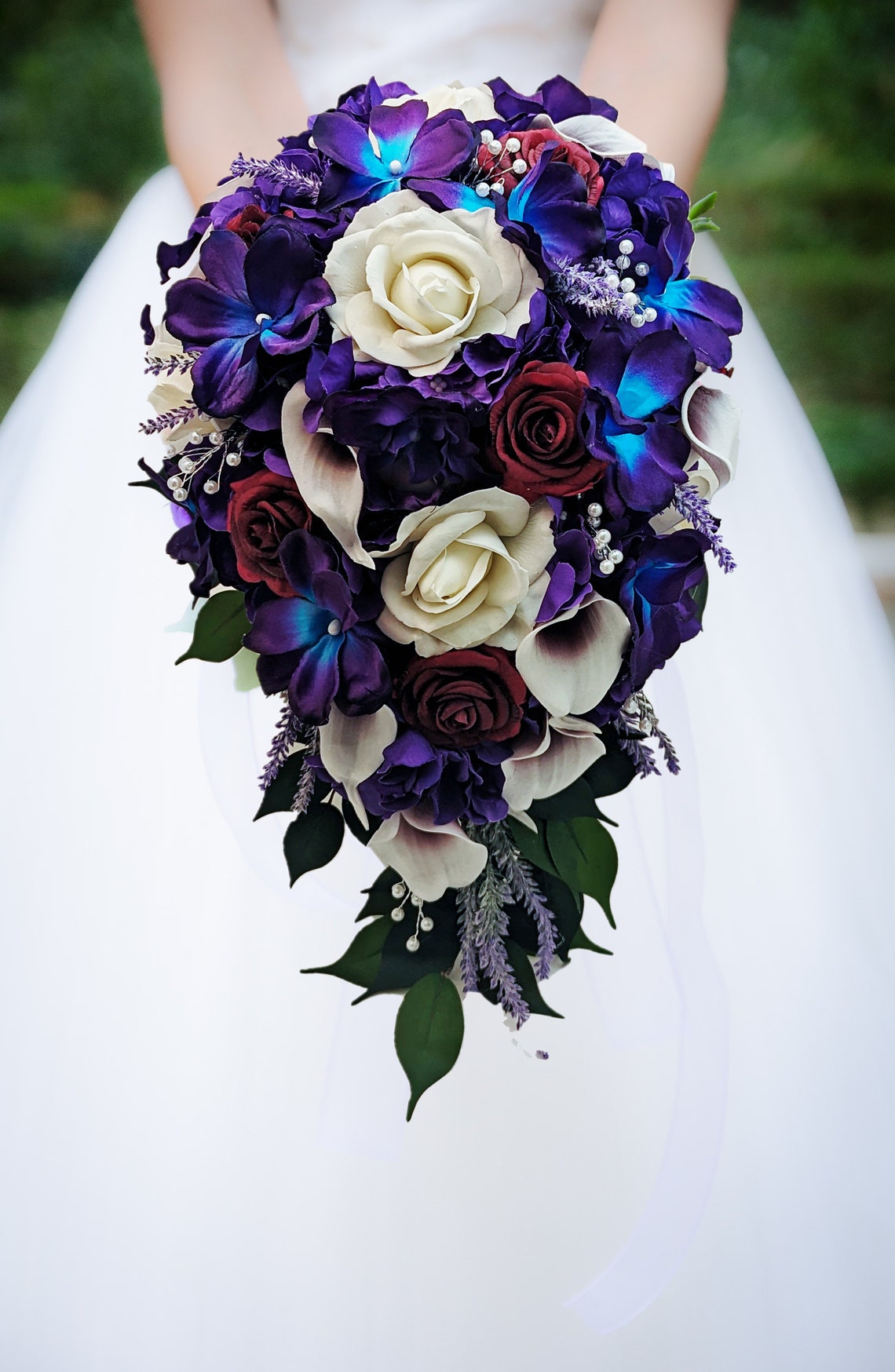 Galaxy Blue Orchid Callas Burgundy Roses Cascade Bridal image 2