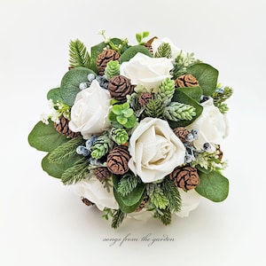 Winter Wedding Bridal Bouquet Evergreens White Roses Bouquet Pine Cones Real Touch Roses - add Boutonniere Wedding Party Bouquets Corsage