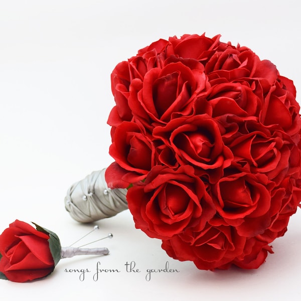 Red Roses Bridal or Bridesmaid Bouquet  - add Groom Groomsman Boutonniere Add Wedding Arch Flowers Centerpieces Corsage Cake Topper & More!