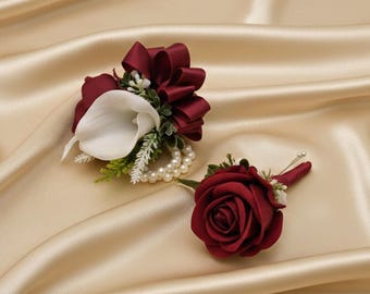 Burgundy White Corsage or Boutonniere  - Wedding Homecoming Prom Corsage - Choose Your Ribbon