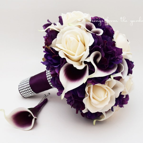 Purple Bridal or Bridesmaid Bouquet Real Touch Callas Ivory Roses Hydrangea add Groom Boutonniere Flower Crown Corsage Arch Flowers & More!