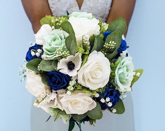 Real Touch Bridal Bridesmaid Bouquet Mint Navy White Roses Anemones Greenery- Bridal or Bridesmaid Bouquet Add Corsages Boutonnieres & More