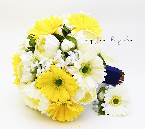 Yellow White Bridal or Bridesmaid Bouquet Real Touch Gerber