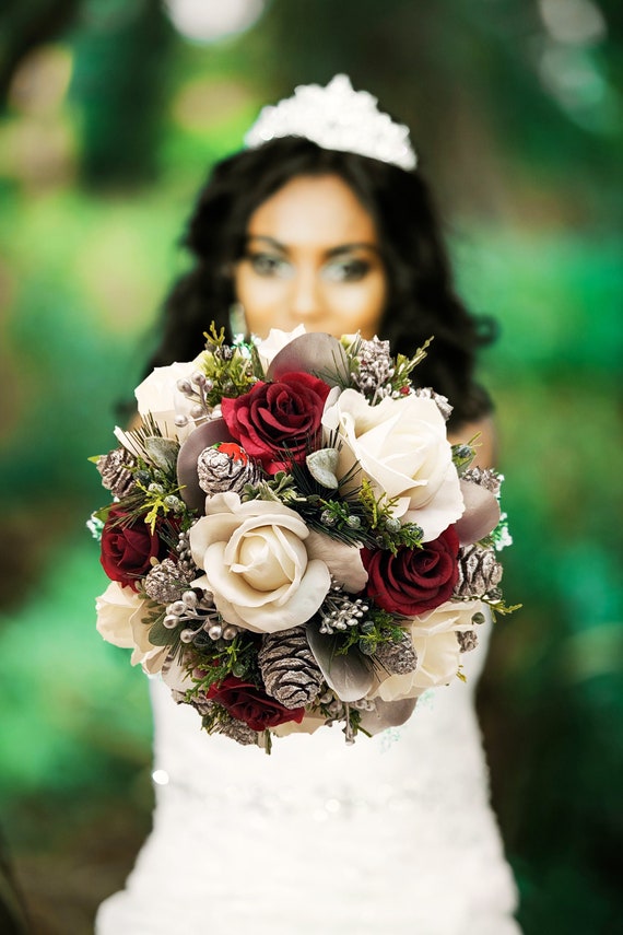 Winter Wedding Bridal Bouquet Evergreens Burgundy Silver White