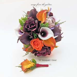 Fall Wedding Plum & Orange Bridal or Bridesmaid Bouquet Calla Lilies Roses - Add Corsage Groom&#39;s Boutonniere Wedding Centerpiece and More!