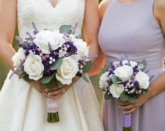 Bridal Prom Wedding Bouquet: Purple Lavender White - Add Groom Boutonniere Matching Corsage and More!