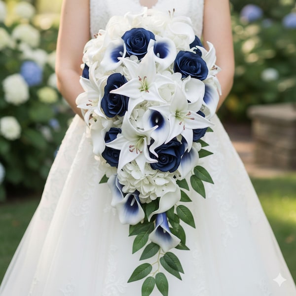Marineblauer Kaskaden-Brautstrauß: Rosen & Real Touch Calla-Lilien - Fügen Sie Corsage Boutonniere hinzu!