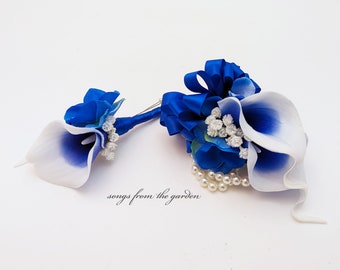 Real Touch Royal Blue Picasso Calla Boutonniere or Corsage - Customize for Your Wedding Colors - Wedding Prom Boutonniere and Corsage