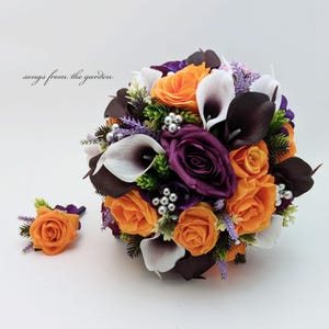 Fall Wedding Purple Plum Orange Bridal or Bridesmaid Bouquet add Groom&#39;s Groomsman Boutonniere Corsage Centerpiece Choose Your Ribbon Color