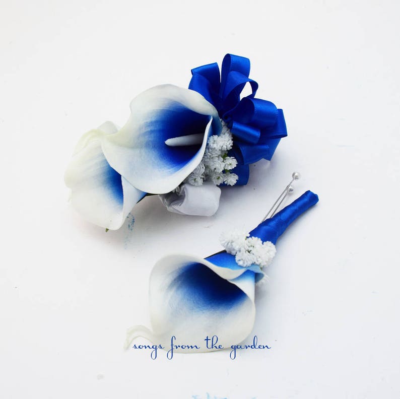 Real Touch Royal Blue Picasso Calla Boutonniere or Corsage - Customize for Your Wedding Colors - Wedding Prom Boutonniere and Corsage 