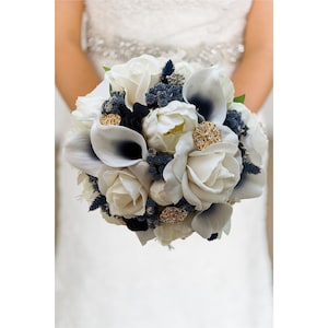 Real Touch Bridal Bouquet - White Roses Peonies Navy Callas  Gold Brooches - Bridal or Bridesmaid Bouquet Add Corsages Boutonnieres & More!