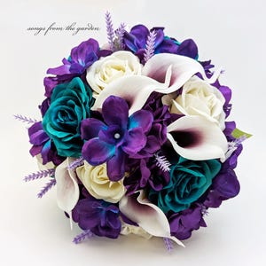 Galaxy Blue Orchid Callas Teal Roses Callas Bridal or Bridesmaid Bouquet add a Groom&#39;s or Groomsmen Boutonniere Wedding Corsage Crown & More