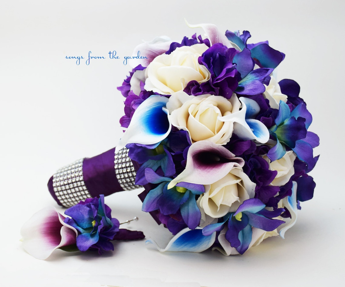 Galaxy Blue Orchid Calla Bridal or Bridesmaid Bouquet add a image 1