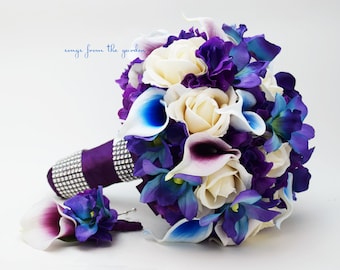 Galaxy Blue Orchid Calla Bridal or Bridesmaid Bouquet - add a Groom's or Groomsman Boutonniere - Blue Purple Plum White Wedding Bouquet