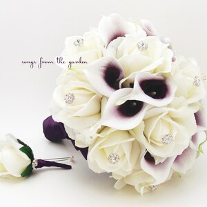 Purple White Real Touch Bridal or Bridesmaid Bouquet - Add Groom Groomsman Boutonniere Matching Corsage Flower Crown Cake Flowers and More!