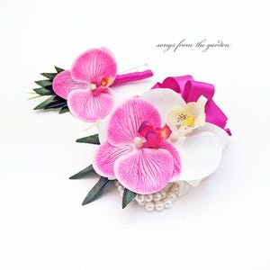 Fuchsia and White Orchids Real Touch Wedding Boutonniere and Corsage - Wedding Homecoming Prom Corsage or Boutonniere Faux Wedding Flowers