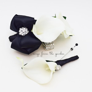Black and White Callas and Rhinestones Real Touch Wedding Boutonniere Wedding Corsage Mother of the Bride Father Flowers Prom Corsage
