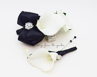 Black and White Callas and Rhinestones Real Touch Wedding Boutonniere Wedding Corsage Mother of the Bride Father Flowers Prom Corsage